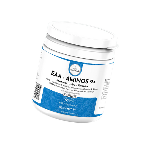 EAA - AMINOS 9+ Premium-Komplex - 30 Stickbeutel, vegan, ohne Füllstoffe, mit Kirschgeschmack