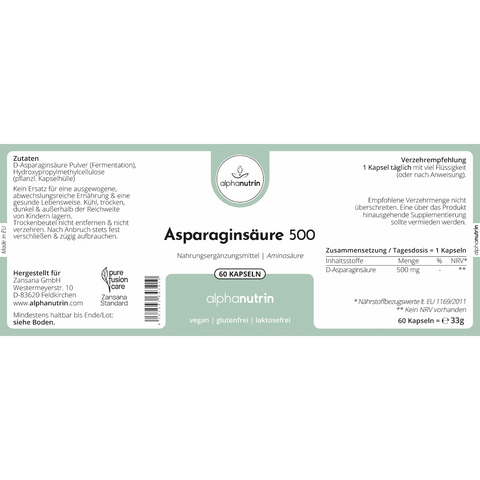 Asparaginsäure 500 - 60 vegane Kapseln ohne Füllstoffe