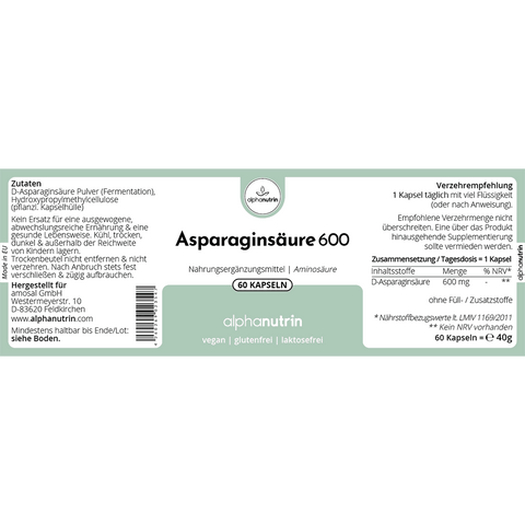 Asparaginsäure 600 - 60 vegane Kapseln ohne Zusatzstoffe