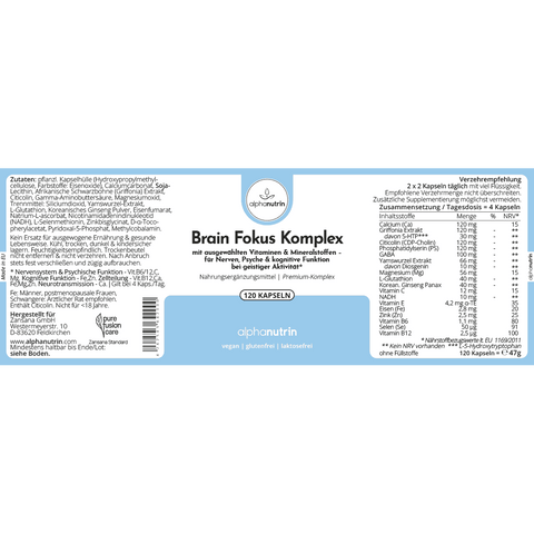 Brain Fokus Komplex - 120 vegane Kapseln Premium ohne Füllstoffe