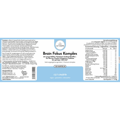 Brain Fokus Komplex - 120 vegane Kapseln Premium ohne Füllstoffe