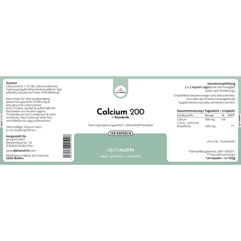 Calcium 200 + Kieselerde - 120 vegane Kapseln ohne Zusatzstoffe