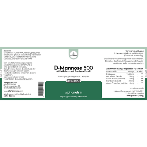 D-Mannose 500 Komplex - 90 vegane Kapseln ohne Zusatzstoffe