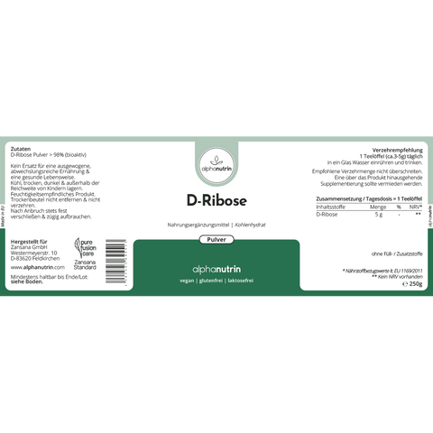 D-Ribose - 250 Gramm veganes Pulver ohne Füllstoffe