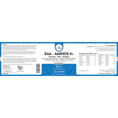 EAA - AMINOS 9+ Premium-Komplex - 30 Stickbeutel, vegan, ohne Füllstoffe, mit Kirschgeschmack