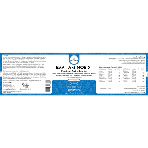 EAA - AMINOS 9+ Premium-Komplex - 30 Stickbeutel, vegan, ohne Füllstoffe, mit Kirschgeschmack