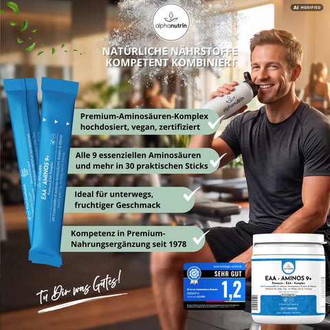 EAA - AMINOS 9+ Premium-Komplex - 30 Stickbeutel, vegan, ohne Füllstoffe, mit Kirschgeschmack