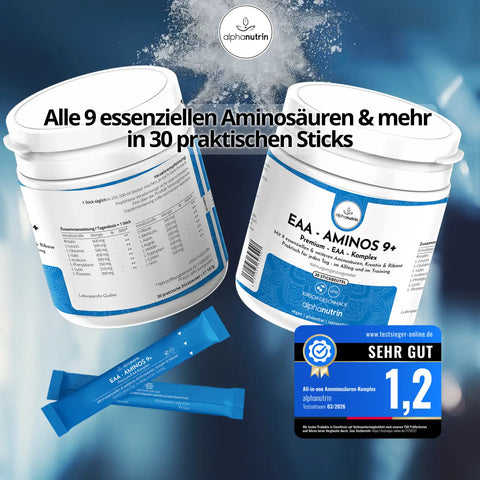 EAA - AMINOS 9+ Premium-Komplex - 30 Stickbeutel, vegan, ohne Füllstoffe, mit Kirschgeschmack