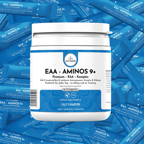 EAA - AMINOS 9+ Premium-Komplex - 30 Stickbeutel, vegan, ohne Füllstoffe, mit Kirschgeschmack