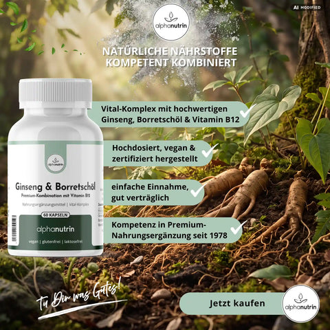 Ginseng & Borretschöl + B12 - 60 vegane Kapseln ohne Füllstoffe