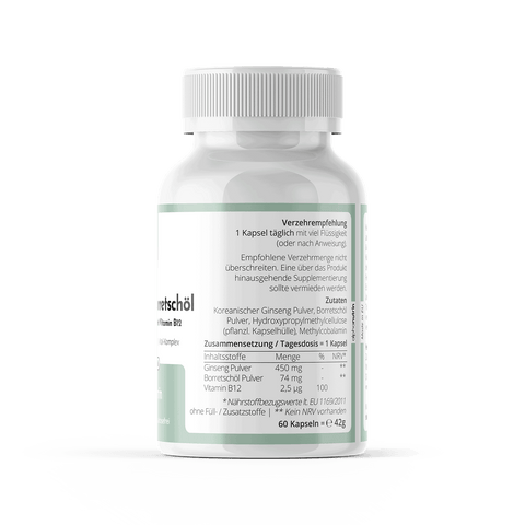 Ginseng & Borretschöl + B12 - 60 vegane Kapseln ohne Füllstoffe