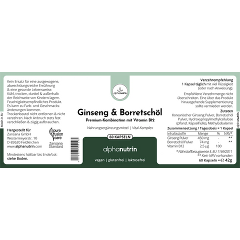Ginseng & Borretschöl + B12 - 60 vegane Kapseln ohne Füllstoffe