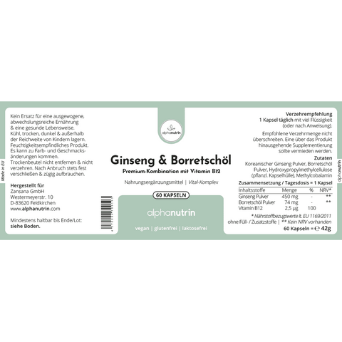 Ginseng & Borretschöl + B12 - 60 vegane Kapseln ohne Füllstoffe