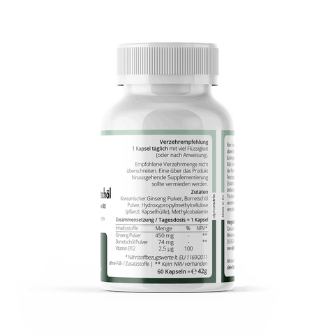 Ginseng & Borretschöl + B12 - 60 vegane Kapseln ohne Füllstoffe