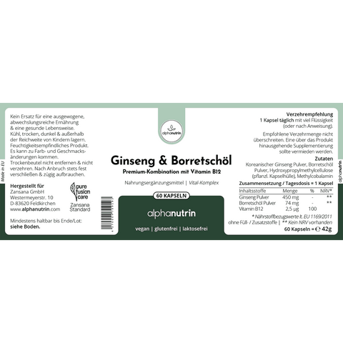 Ginseng & Borretschöl + B12 - 60 vegane Kapseln ohne Füllstoffe