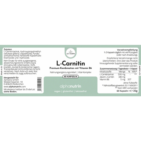 L-Carnitin + Vitamin B6 - 60 vegane Kapseln ohne Füllstoffe