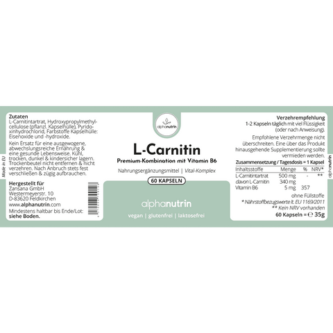 alphanutrin L-Carnitin + Vitamin B6 - 60 vegane Kapseln Alphanutrin alphanutrin L-Carnitin + Vitamin B6 - 60 vegane Kapseln Alphanutrin