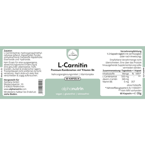 L-Carnitin + Vitamin B6 - 60 vegane Kapseln ohne Füllstoffe