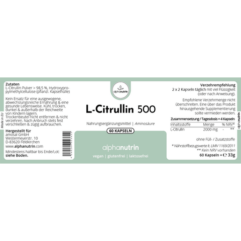 L-Citrullin 500 - 60 vegane Kapseln ohne Zusatzstoffe
