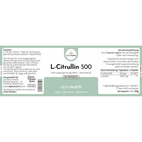 L-Citrullin 500 - 60 vegane Kapseln ohne Füllstoffe
