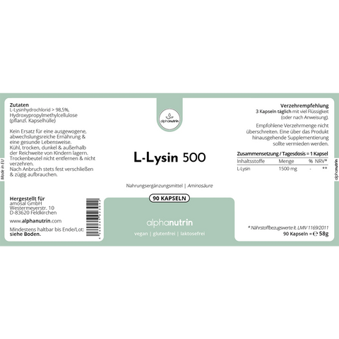 L-Lysin 500 - 90 vegane Kapseln ohne Füllstoffe