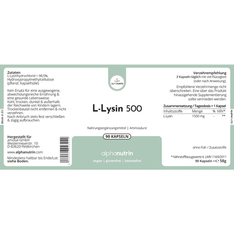 L-Lysin 500 - 90 vegane Kapseln ohne Zusatzstoffe