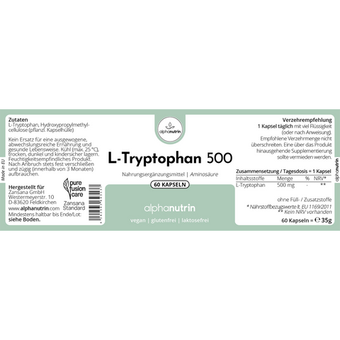 L-Tryptophan 500 - 60 vegane Kapseln ohne Zusatzstoffe