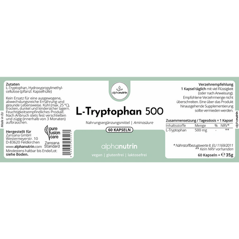 L-Tryptophan 500 - 60 vegane Kapseln ohne Füllstoffe