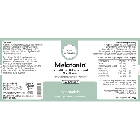 Melatonin mit GABA und Baldrian Extrakt Nachtformel - 150 vegane Kapseln ohne Zusatzstoffe