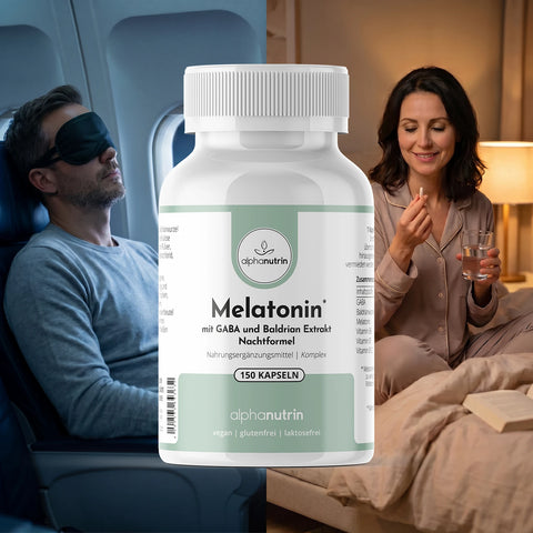 Melatonin mit GABA und Baldrian Extrakt Nachtformel - 150 vegane Kapseln ohne Füllstoffe
