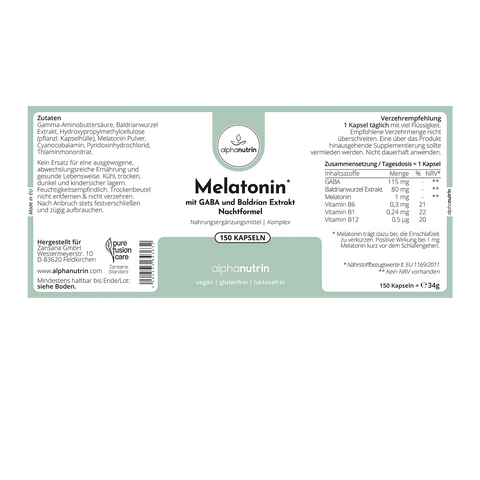 Melatonin mit GABA und Baldrian Extrakt Nachtformel - 150 vegane Kapseln ohne Füllstoffe