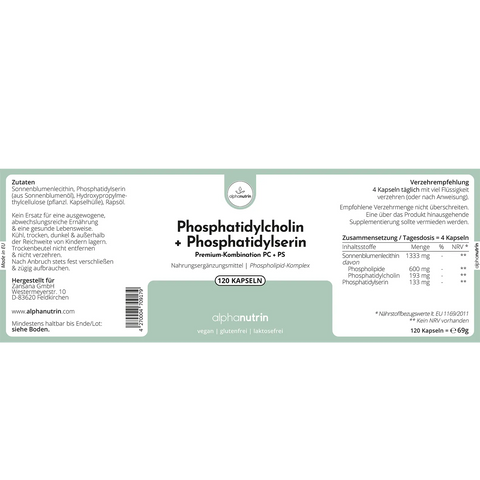 Phosphatidylcholin + Phosphatidylserin PC+PS - 120 vegane Kapseln