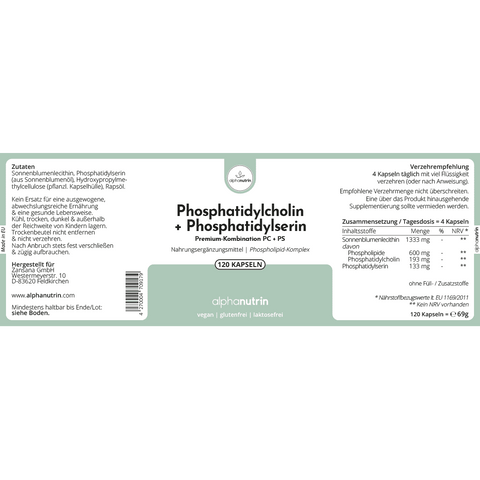 Phosphatidylcholin + Phosphatidylserin PC+PS - 120 vegane Kapseln ohne Zusatzstoffe
