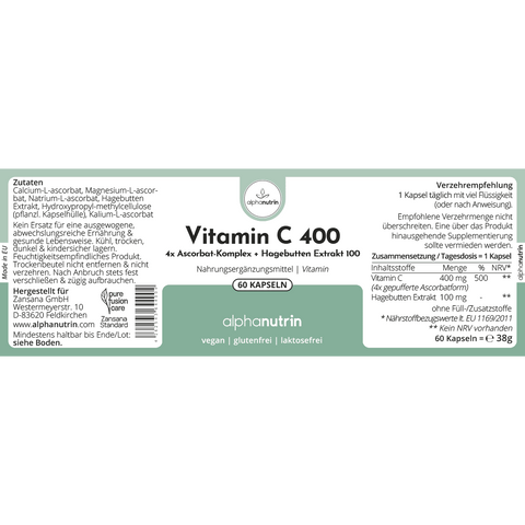 Vitamin C 400 - 60 Kapseln ohne Zusatzstoffe